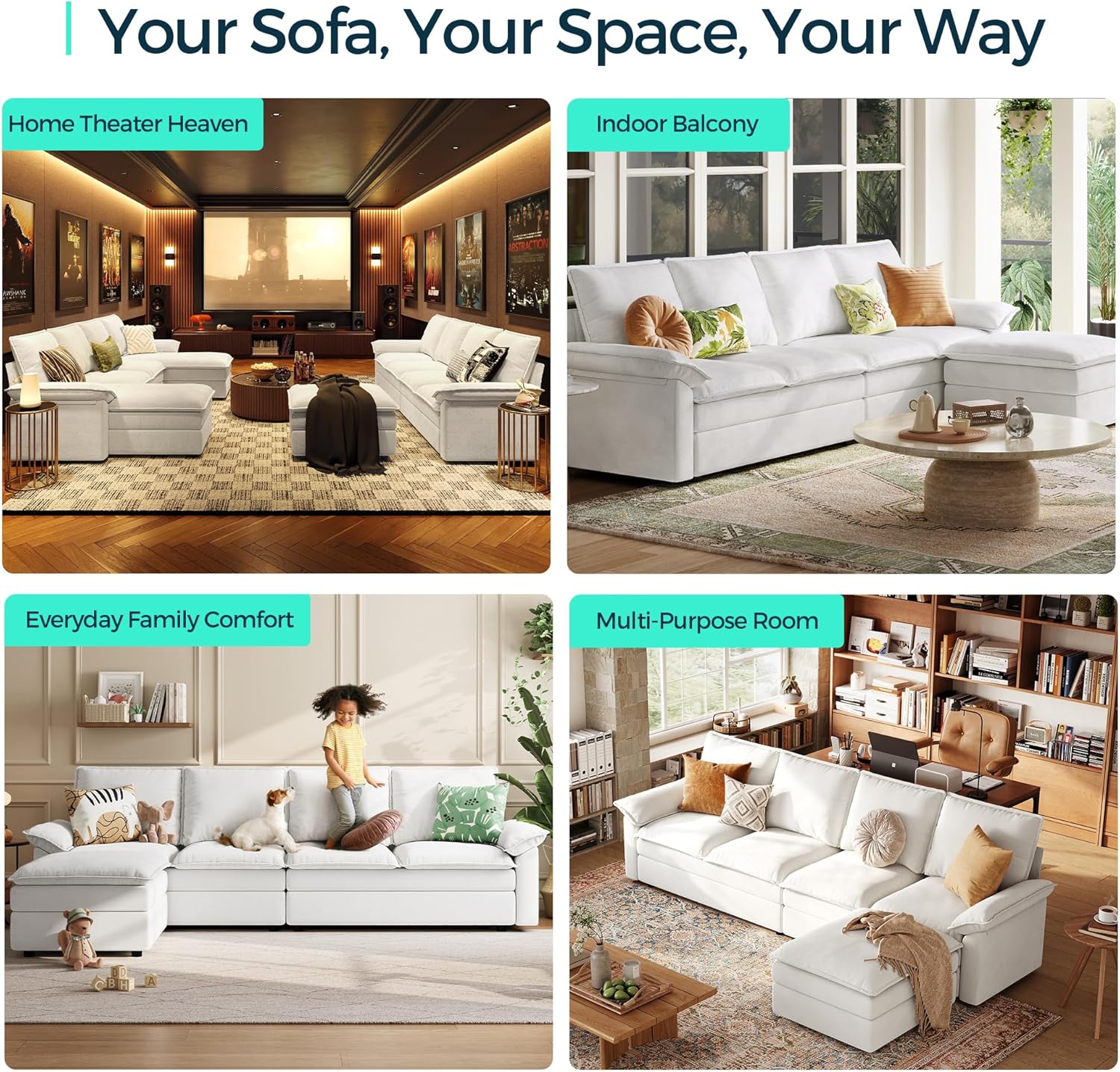 LINSY HOME U Shaped Cloud Couches, 115" Modular Sectional Sofa with Double Chaise, Chenille 4 Seater Sofa Set for Living Room, Apartment, Office, Beige