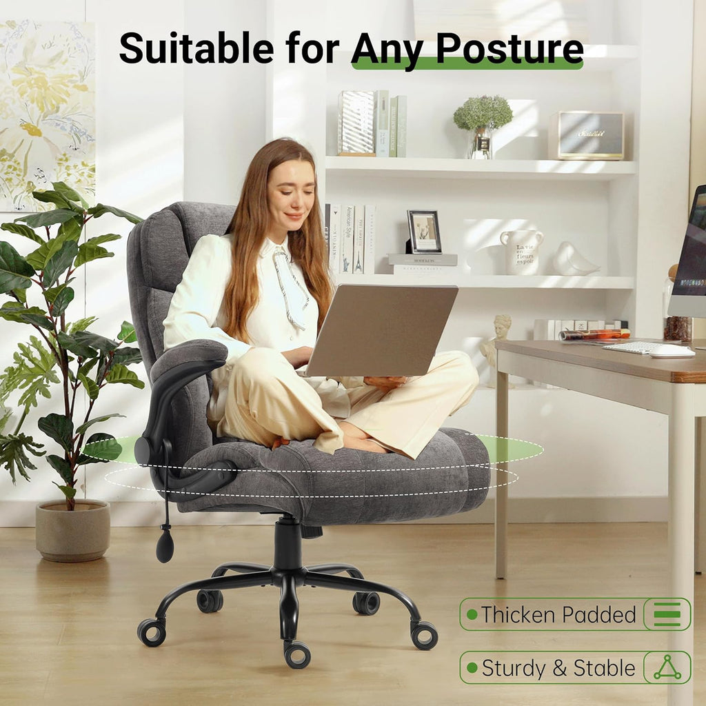 Office Chair, Big and Tall Executive Chairs with Lumbar Support for Back Pain, Breathable Fabric Desk Computer Chair with Adjustable Flip-up Armrests,Wide Cushion Swivel Home Office Chair Black,Grey