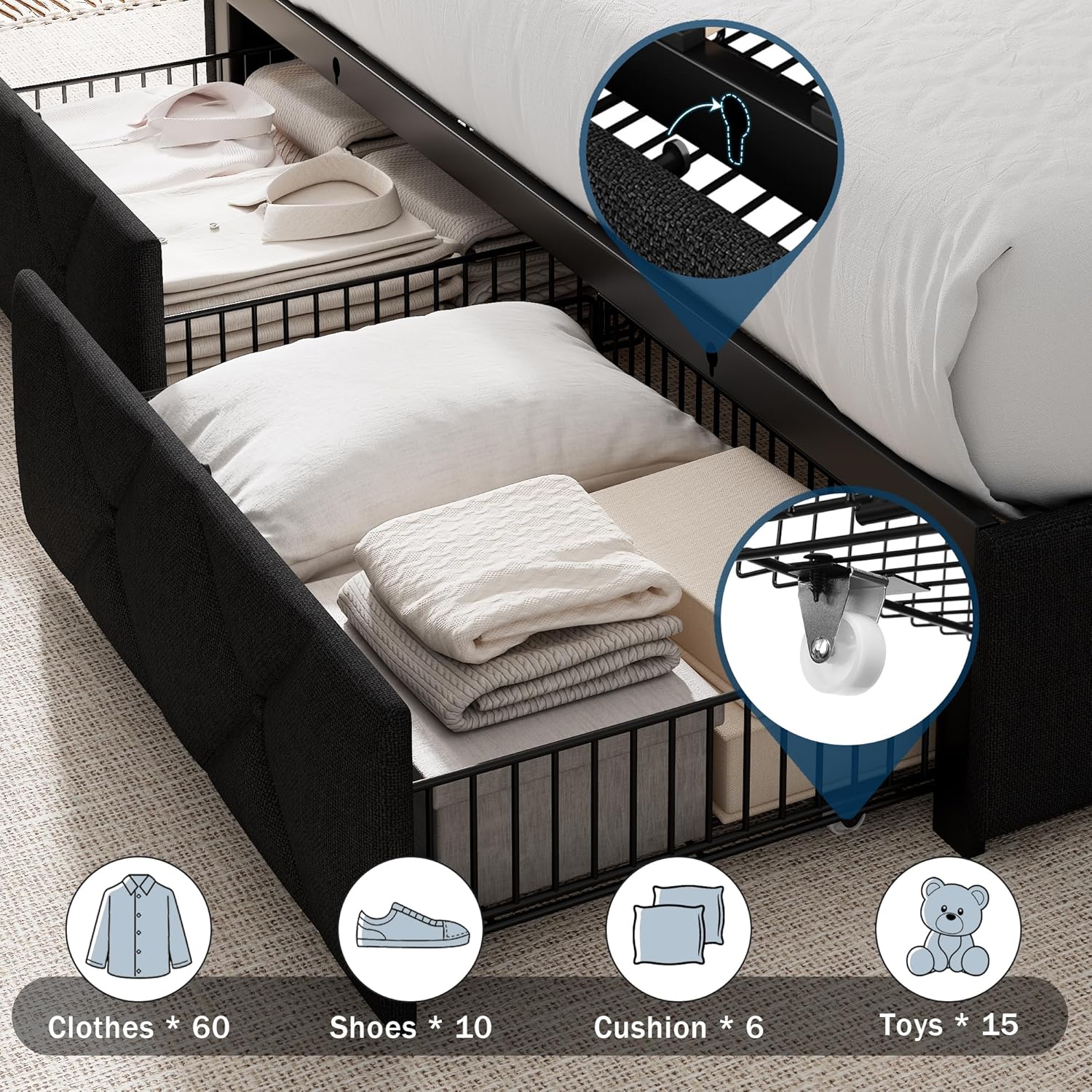 Queen Bed Frame with 4 Storage Drawers, Upholstered Platform Bed with Charging Station, Modern Wingback Storage Headboard, Easy Assembly,Noise-Free, Black