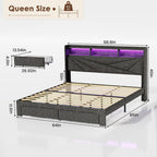 Queen Bed Frame with 2-Tier Storage Headboard, Upholstered Bed Frame Queen Size with 2 Drawers, Charging Station and LED Lights, No Box Spring Needed, Easy Assembly - Dark Grey