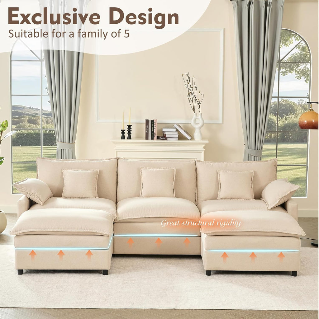 108" U Shaped Couch, Modular Sectional Sofa, 3-Seater Comfy Cloud Couch, Set of Modular Pieces with Movable Ottoman, Deep Seat Couches for Living Room, Linen, Beige