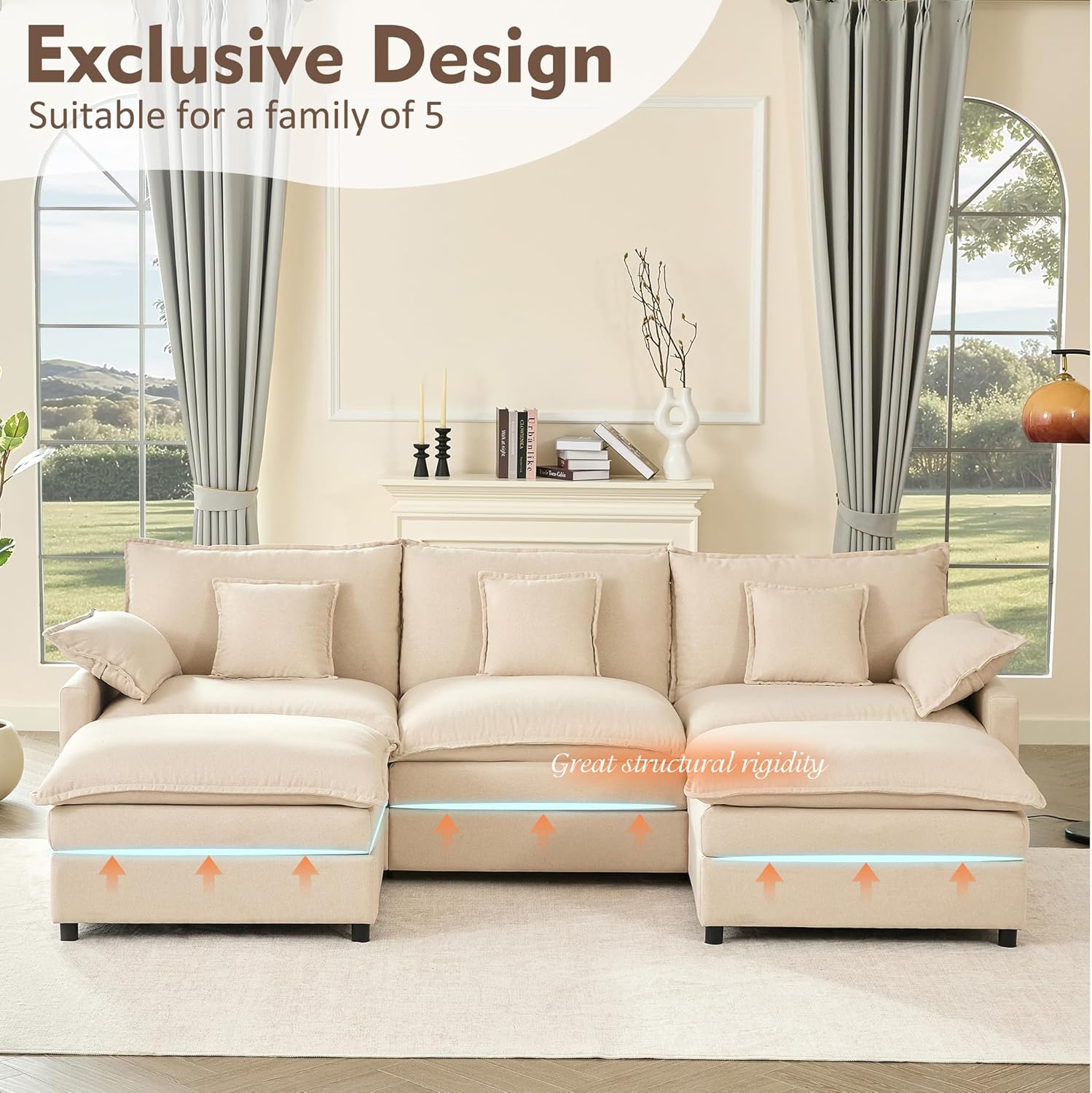 108" U Shaped Couch, Modular Sectional Sofa, 3-Seater Comfy Cloud Couch, Set of Modular Pieces with Movable Ottoman, Deep Seat Couches for Living Room, Linen, Beige