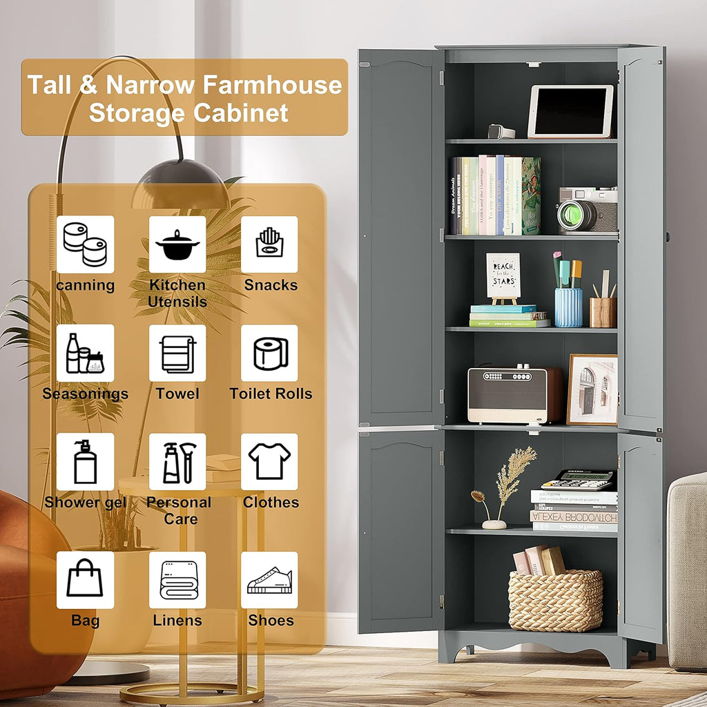 Function Home Tall Pantry Cabinet, Freestanding Storage Cabinet, Wooden Kitchen Pantry with 4 Doors and 5 Shelves, 72" Floor Cabinet Organizer for Kitchen Living Room Bathroom, Grey