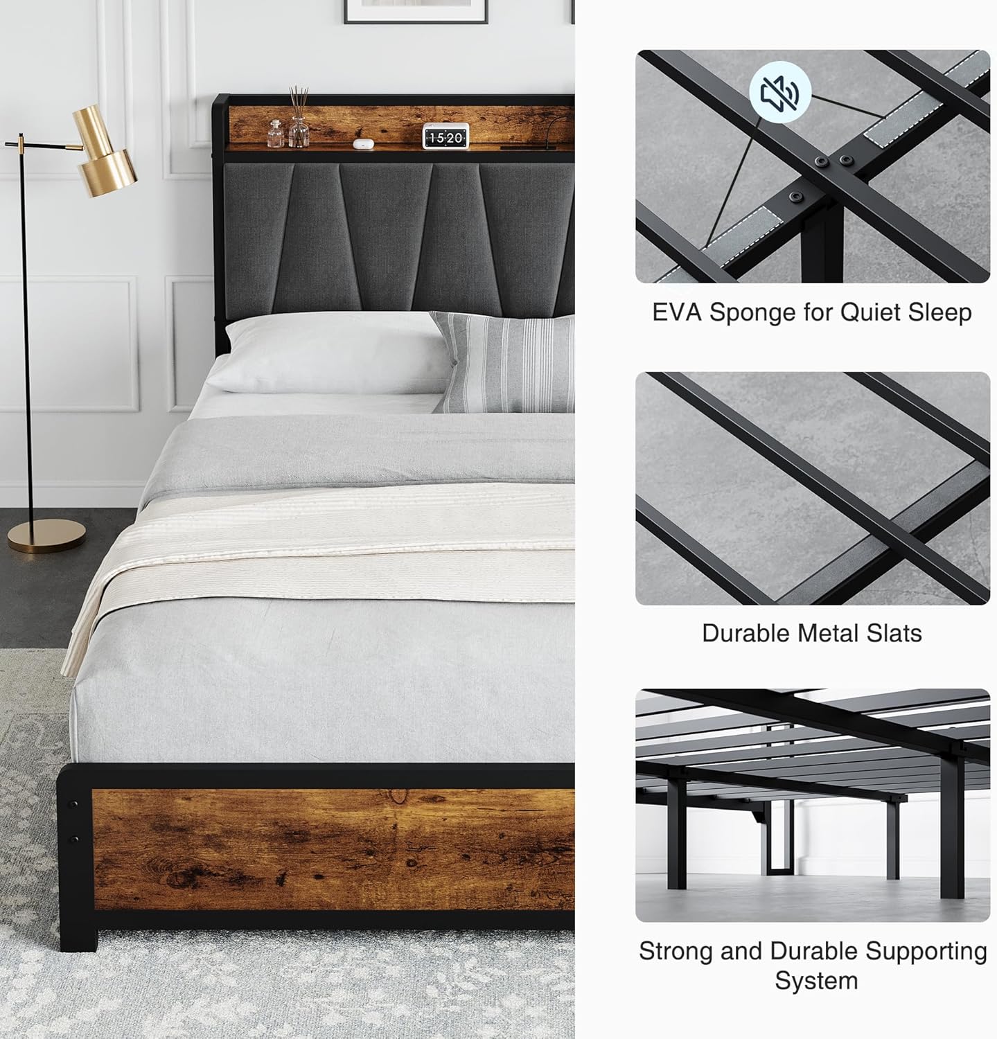 GarveeHome King Size Bed Frame with 4 Storage Drawers, Upholstered Storage Charging Headboard, Heavy Duty Metal Platform Bed Frame, Noise Free, No Box Spring Needed, Rustic Brown