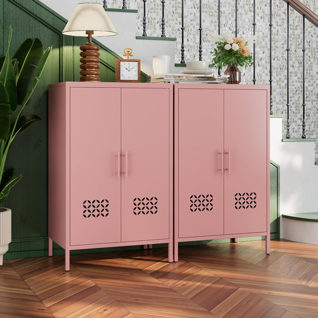 Metal Storage Cabinet with Adjustable Shelves,Metal Sideboard Cabinet with 2 Doors for Home,Office, 42" H x 26" W x 14" D,Assembly Required,Pink