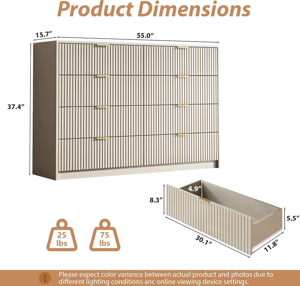 Beige Dresser for Bedroom, 8 Drawer Double Dresser, Modern Chest of Drawers for Bedroom, Living Room, Entryway and Closet, 55" L x 15.7" D x 37.4" H