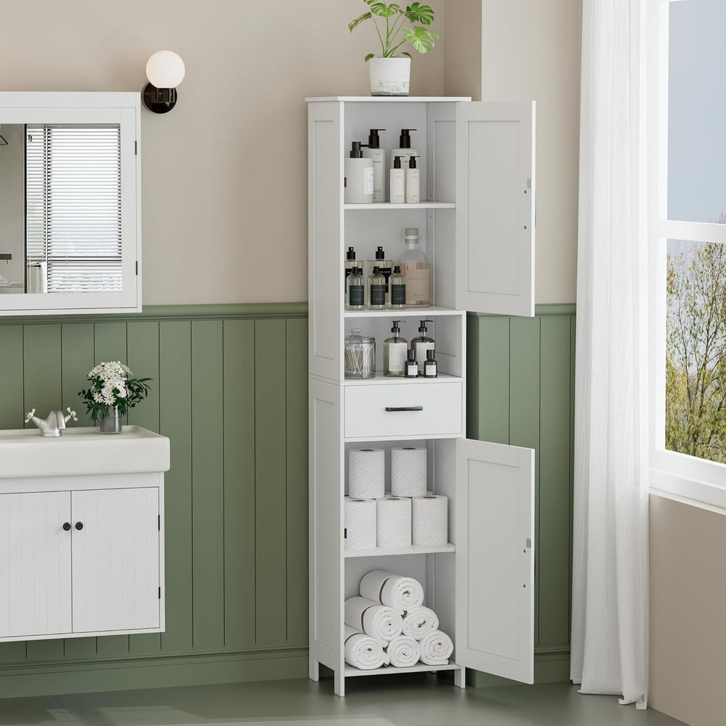 Homhedy 67" H Tall Bathroom Storage Cabinet with 2 Barn Doors and 1 Drawer, Narrow Storage Unit, Adjustable Shelves, Floor Cabinet for Bathroom, Living Room, Entryway, Kitchen, White, (15.7" W)