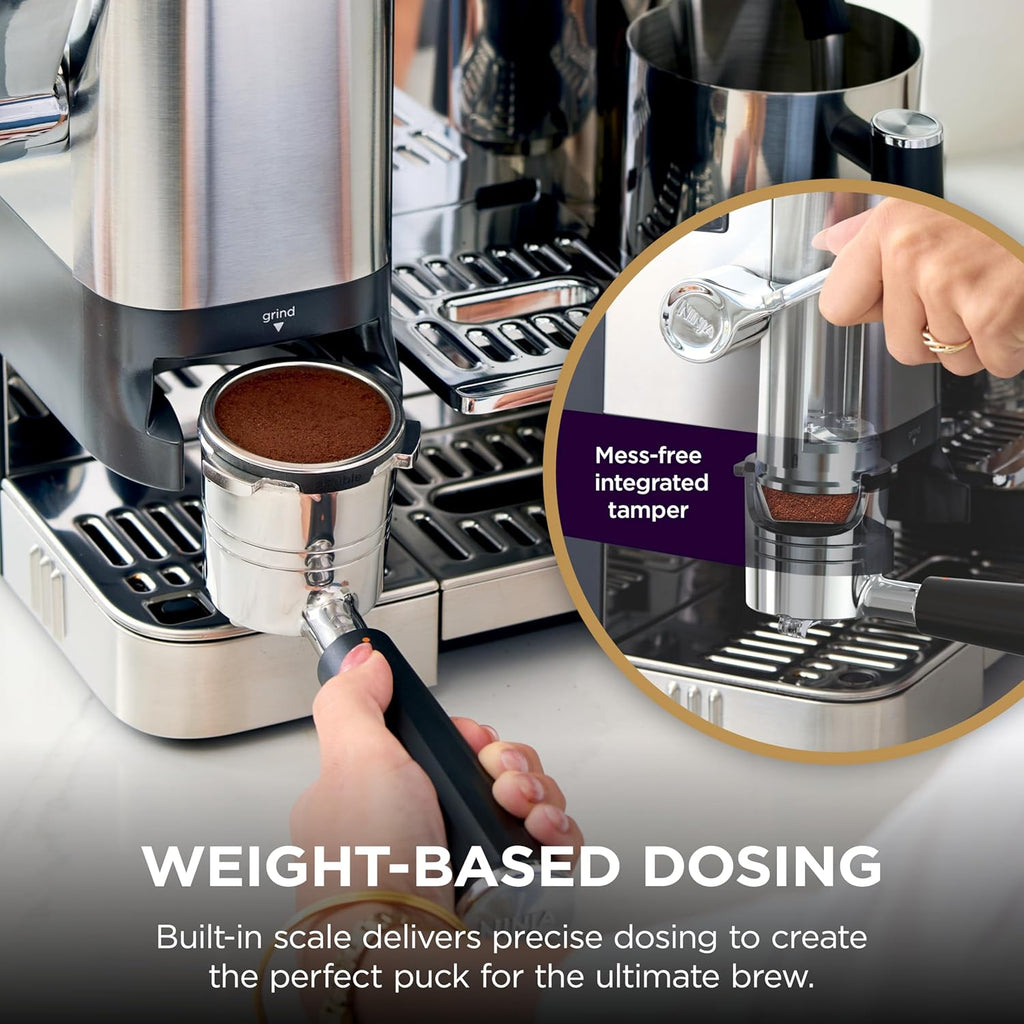 Ninja Luxe Café Pro Series, Espresso Machine, Drip Coffee, Cold Brew, Hot Water, Integrated Tamper, Built-in Grinder, Hands-Free Frother for Cappuccinos, Lattes, Americanos, Dairy or Non-Dairy, ES701