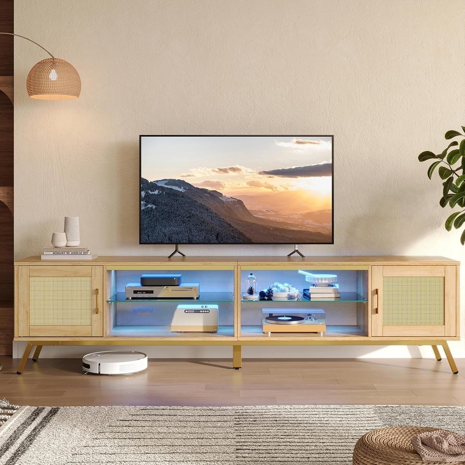 Bestier 80 Inch Natural Rattan TV Stand with Storage for 85 Inch TV, 4-in-1 Mid Century Modern Entertainment Center with LED Lights, Doors and Adjustable Glass Shelves for Living Room, Natural