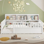 KEIKI Montessori Floor Bed Twin Size, Pine Wood Platform Bed Frame with Fence and Guardrail, Kids Bed with Side Storage Racks, Twin Floor Bed for Children, White