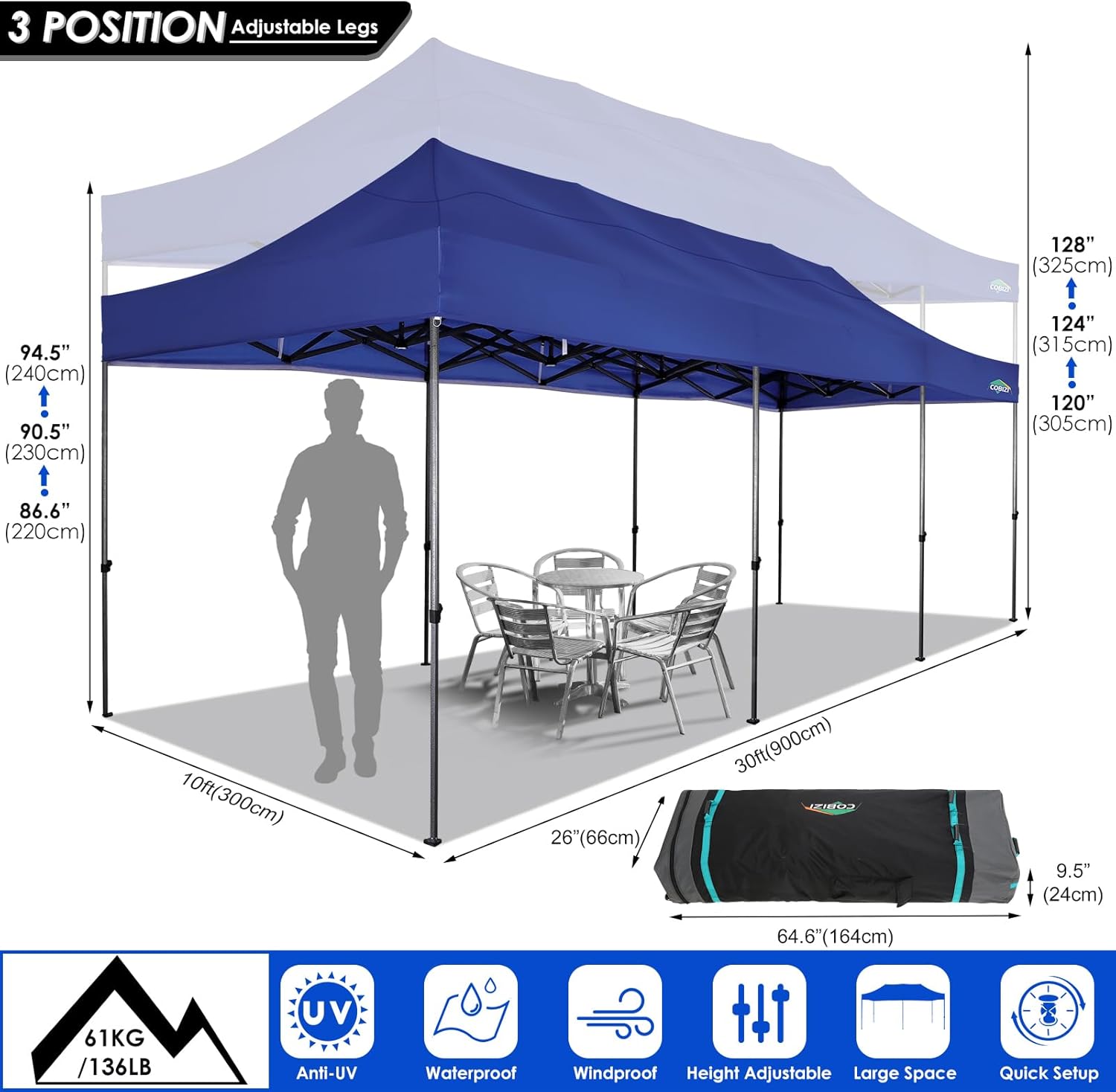 COBIZI 10x30 Pop up Canopy Tent 10x30 Canopy with Sidewalls  Heavy Duty Party Tent Tents for Parties  Foldable UPF 50+ Waterproof Commercial Easy up Canopy with Roller Bag  Navy Blue(Windproof)