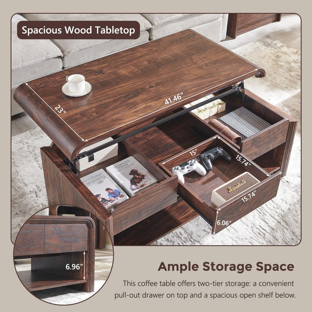 47" Lift Top Coffee Table with Storage, Modern Coffee Table with Pull-Out Drawer and Two-Tier Storage, Rectangle Wood Center Table w/Curved Profile Design for Living Room, Brown