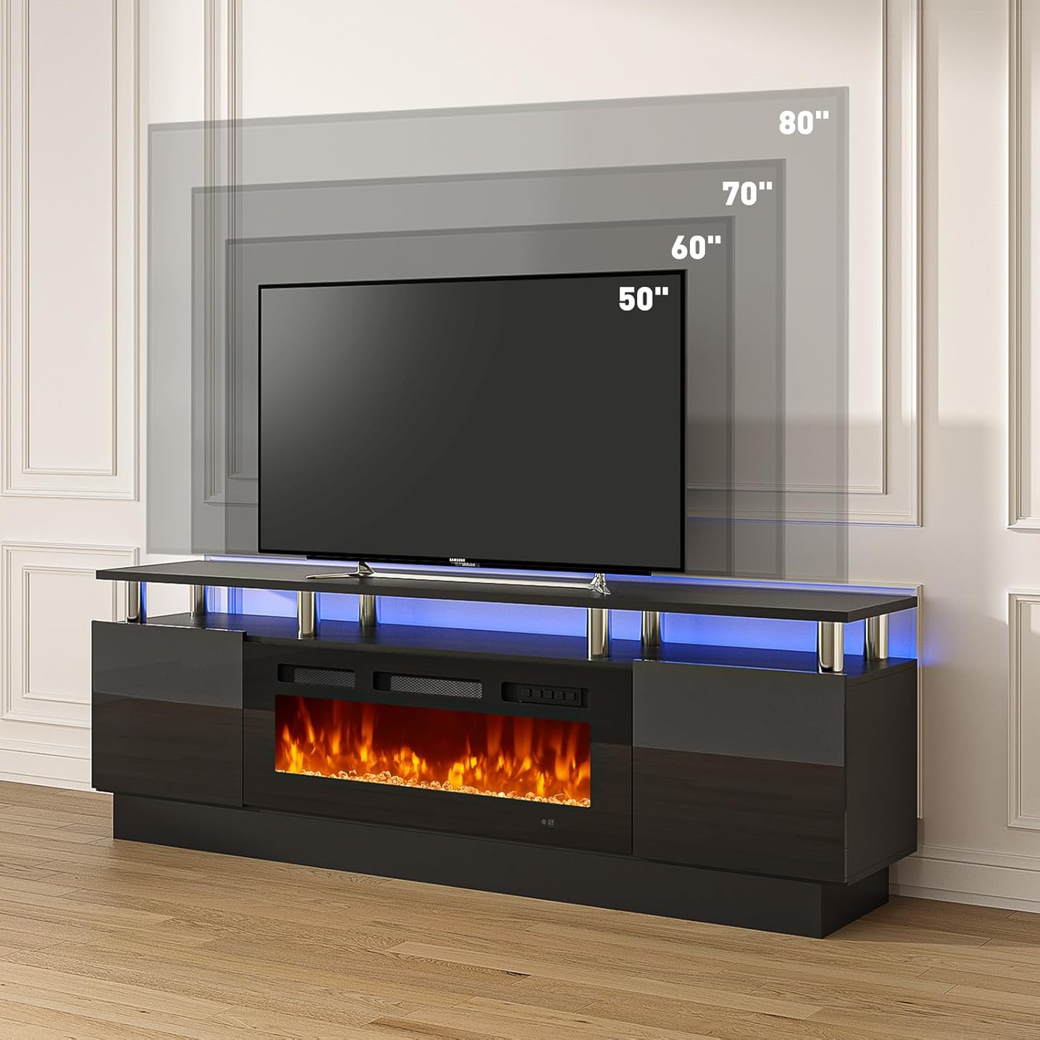 MXV 70" Fireplace TV Stand, Modern Entertainment Center & 36 Inch Electric Fireplace with Remote Control, LED Light, Fire Place Tv Stand for Living Room for TVs up to 80", Black + Black
