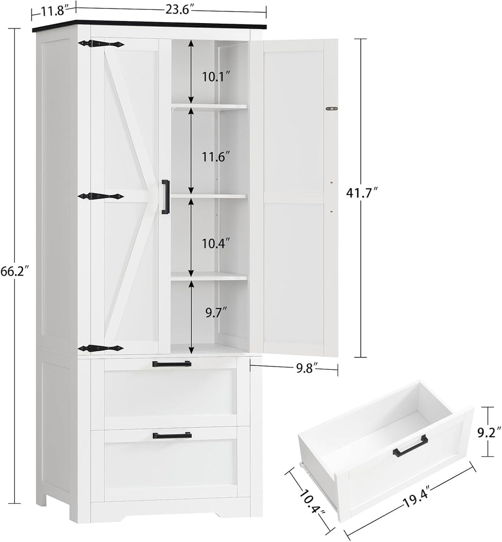 TEENFON 66.2" H Storage Cabinet with 2 Drawers, Farmhouse Kitchen Pantry Cabinet with 2 Doors & Adjustable Shelf, Bathroom Cabinet, for Living Room, Kitchen, Bathroom, White