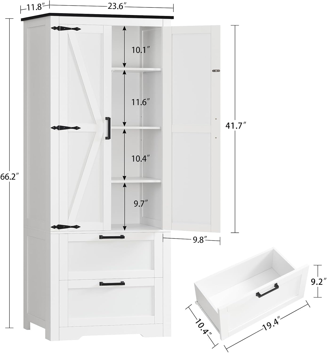 TEENFON 66.2" H Storage Cabinet with 2 Drawers, Farmhouse Kitchen Pantry Cabinet with 2 Doors & Adjustable Shelf, Bathroom Cabinet, for Living Room, Kitchen, Bathroom, White
