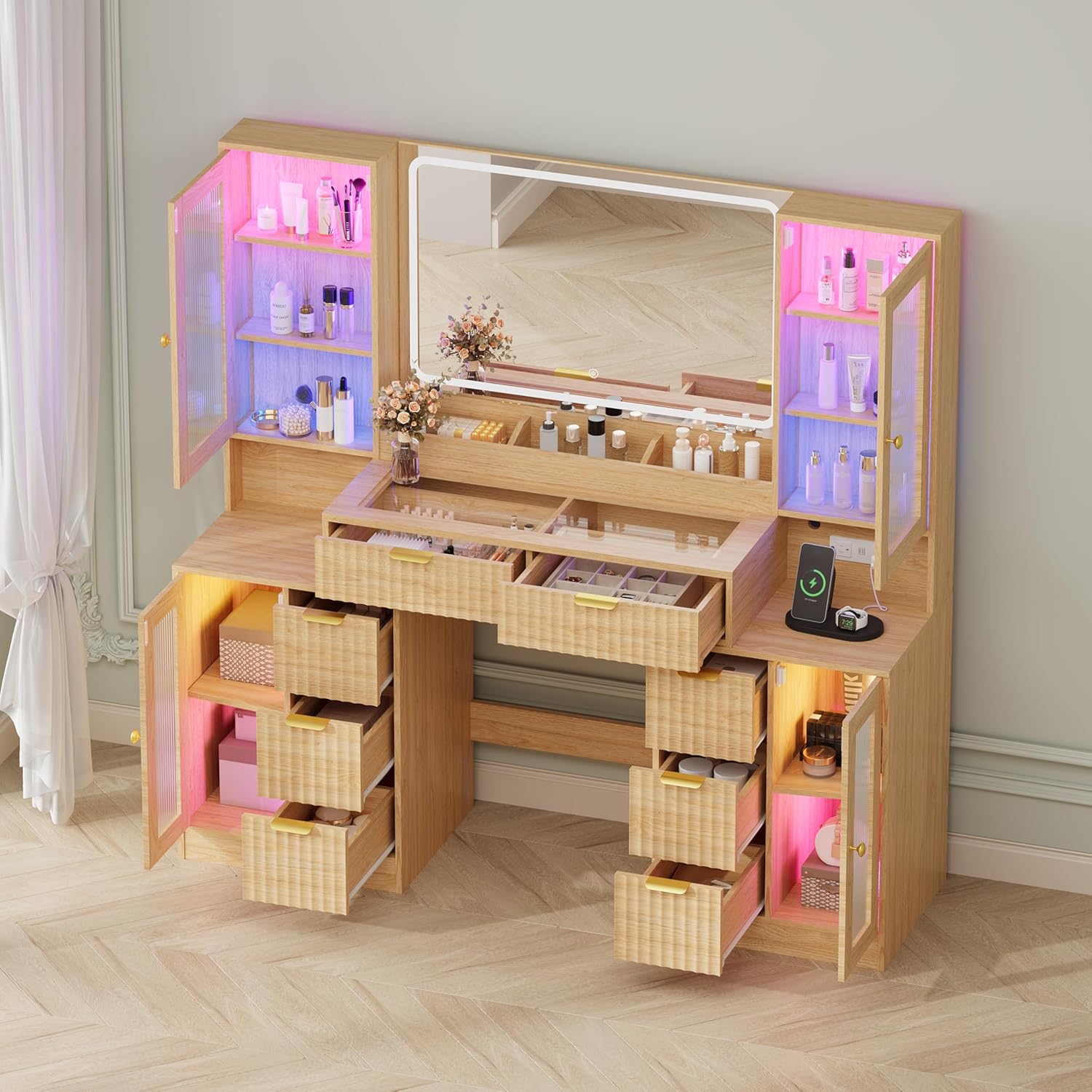 Fluted Makeup Vanity Desk with Mirror and Lights, 55" Glass Top Vanity with 8 Drawers & 4 RGB Glass Cabinets, Adjustable Shelves & Power Outlet, Modern Dressing Table Set for Women Girls Bedroom