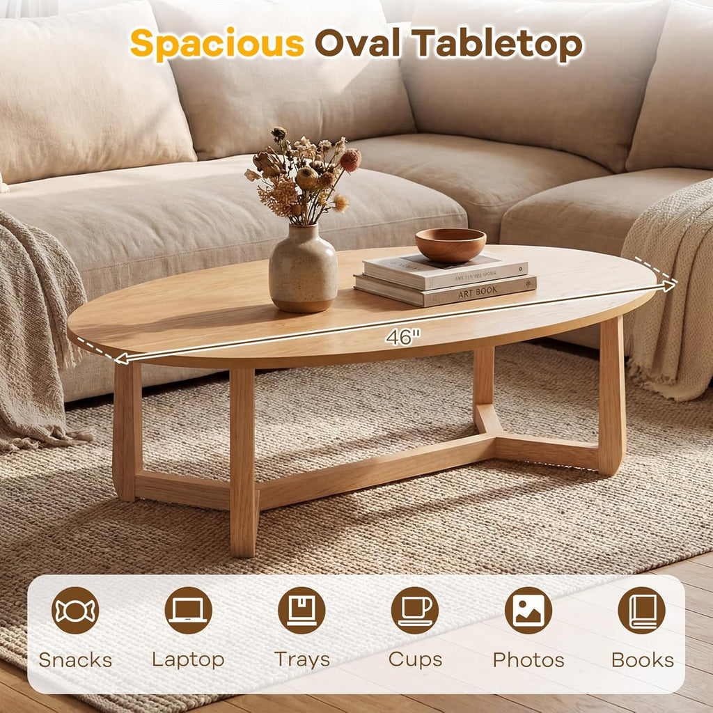 Giantex Oval Coffee Table, 46'' Wood Center Table with Thickened Top & Solid Rubber Wood Frame, Low Profile Cocktail Accent Table, Modern Living Room Table, Natural