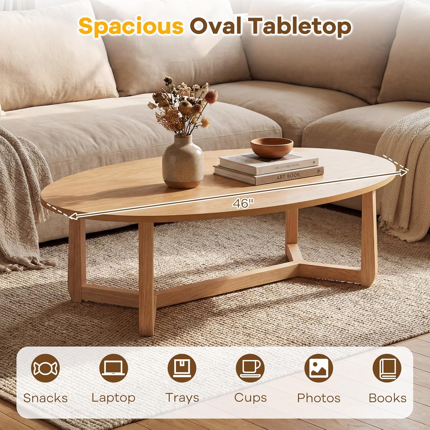 Giantex Oval Coffee Table, 46'' Wood Center Table with Thickened Top & Solid Rubber Wood Frame, Low Profile Cocktail Accent Table, Modern Living Room Table, Natural
