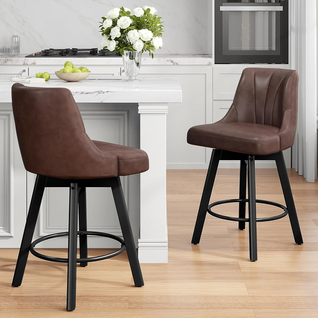 Counter Height Swivel Bar Stool, 24" Upholstered PU Leather Barstools Set of 4, Counter Stool Chair with Back & Solid Wood Legs for Kitchen Island Dining Room (Brown)