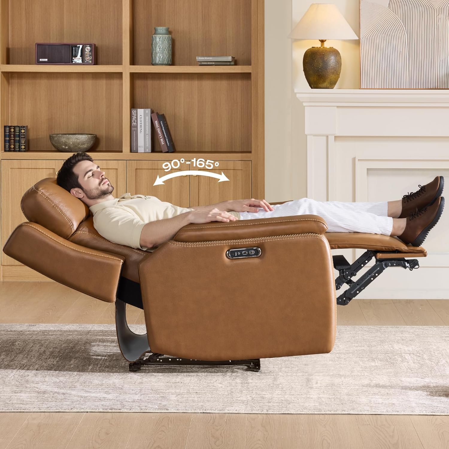 Watson & Whitely Oversized Lay Flat Recliner for Big and Tall, Genuine Leather Electric Recliner Chairs for Adults with Power Headrest & Chargers for Living Room, Saddle Brown
