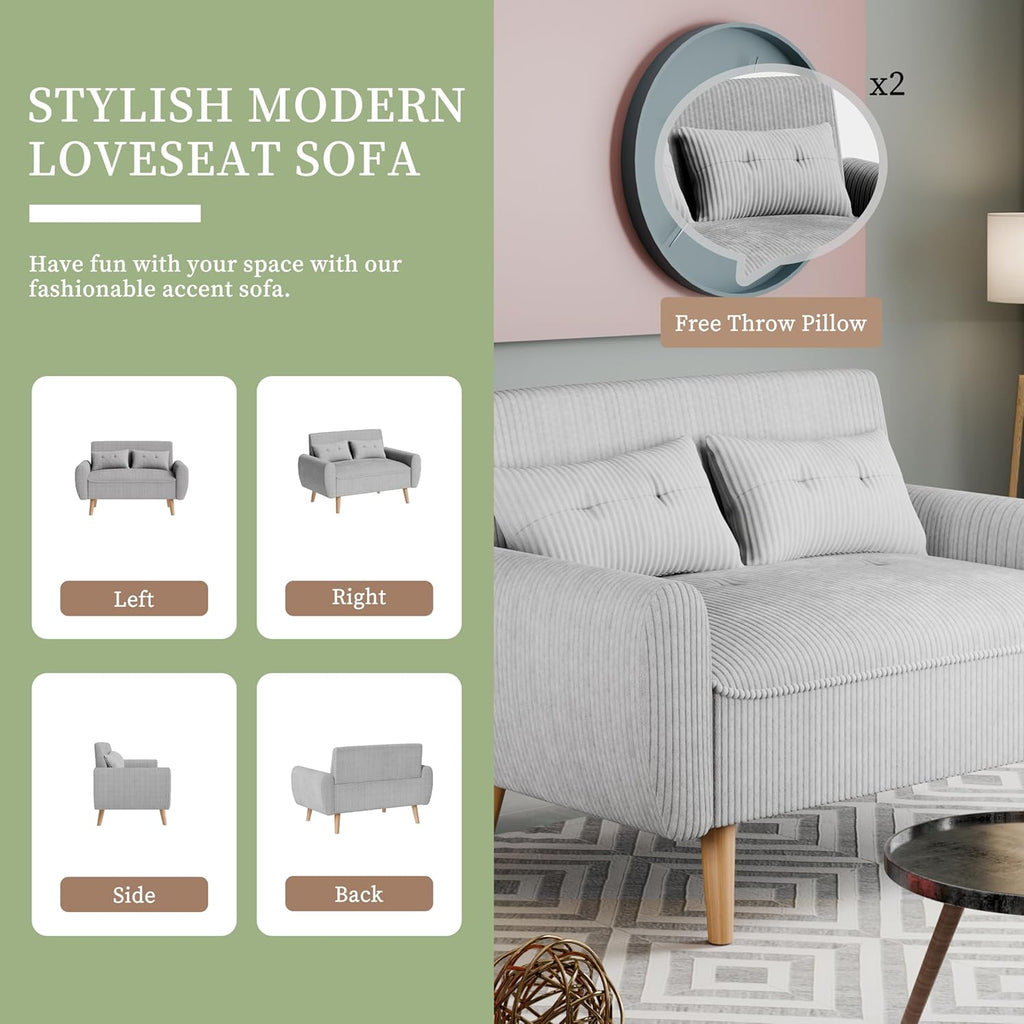Vongrasig 48" Small Modern Loveseat Sofa, Mid Century Soft Corduroy Fabric 2-Seat Sofa Couch Tufted Love Seat with Back Cushions and Tapered Legs for Living Room, Bedroom and Small Space (Light Gray)