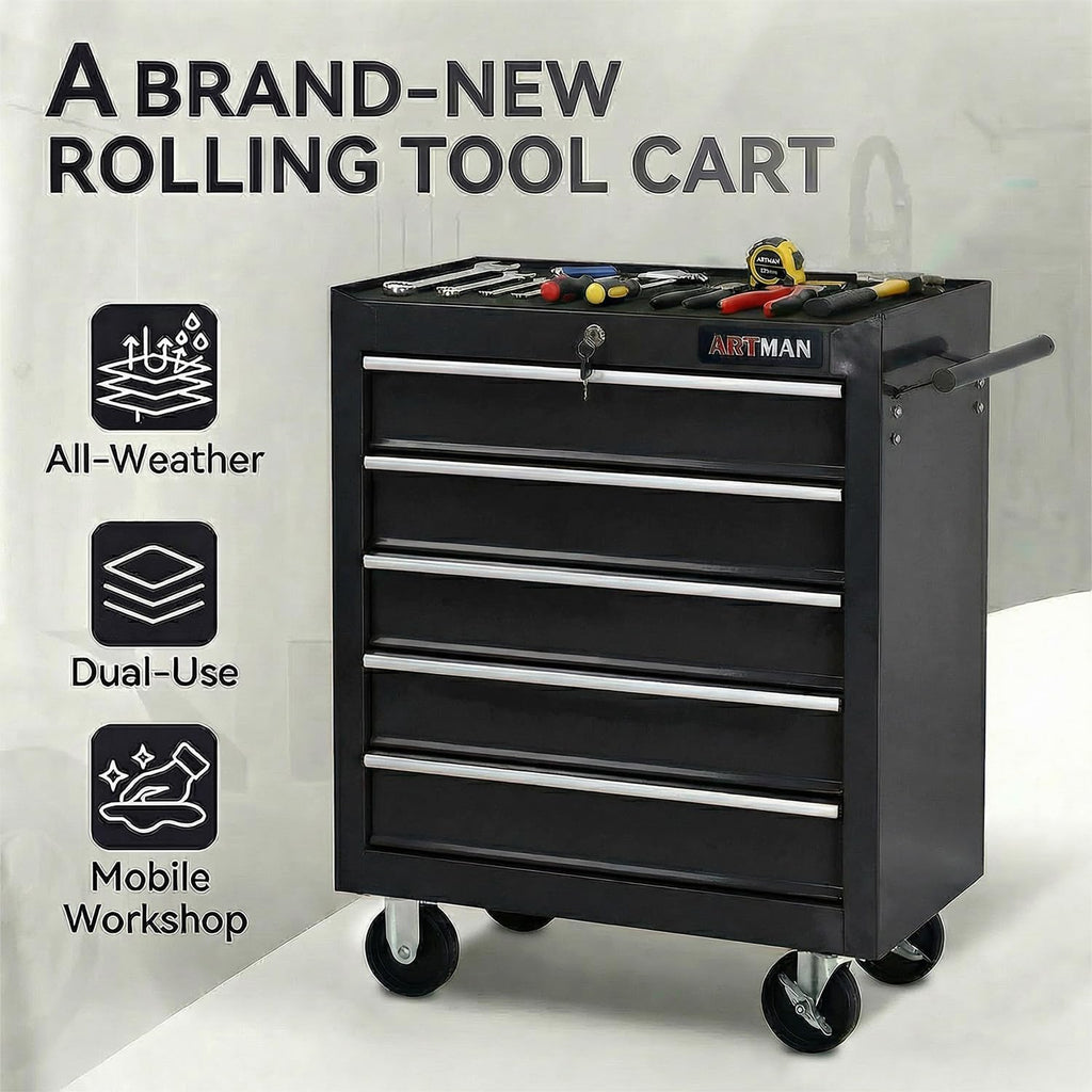 5 Drawers Tool Cart on Wheels, Rolling Tool Chest Tool Storage, Drawers Rolling Tool Trolley Organizer Tool Case for Garage, Warehouse, Workshop, Repair Shop (5 Drawers-Black)