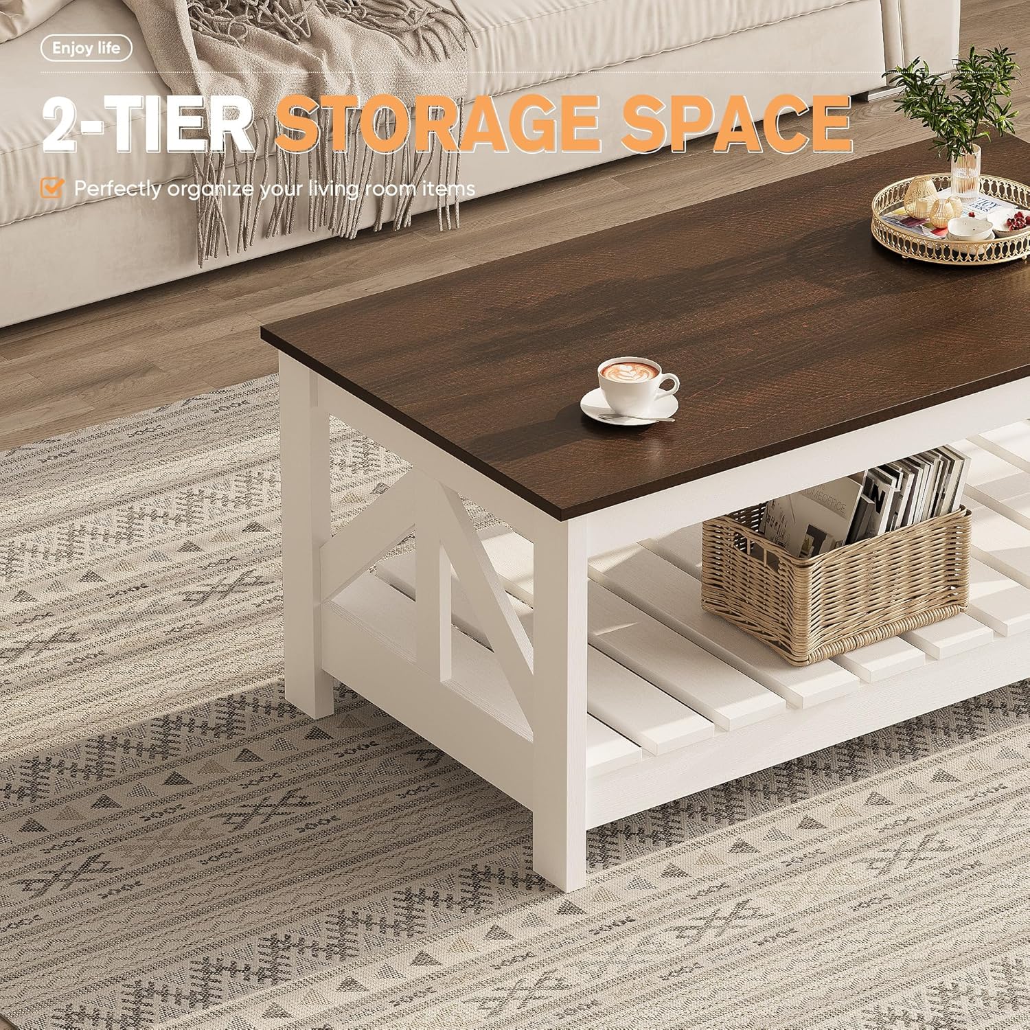YESHOMY Farmhouse Coffee Table, Coffee Tables for Living Room, Farmhouse Square Coffee Table with Storage, Couch Table, Small Tables for Small Spaces, Brown and White