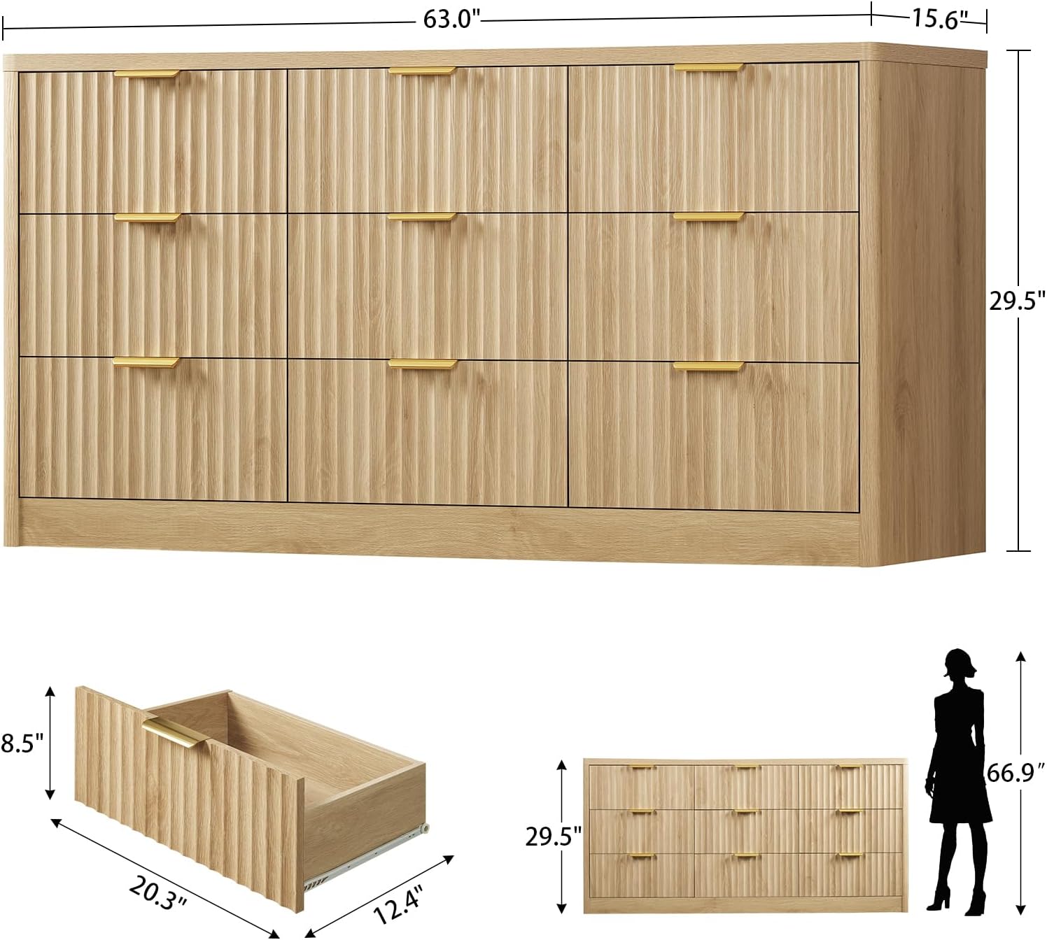TEENFON Fluted Dresser for Bedroom with 9 Drawers, 63" Wide Modern Chest of Drawers with Metal Handle & Curved Profile Design, Wood Closet Clothes Storage Organizer for Living Room, Hallway, Natural