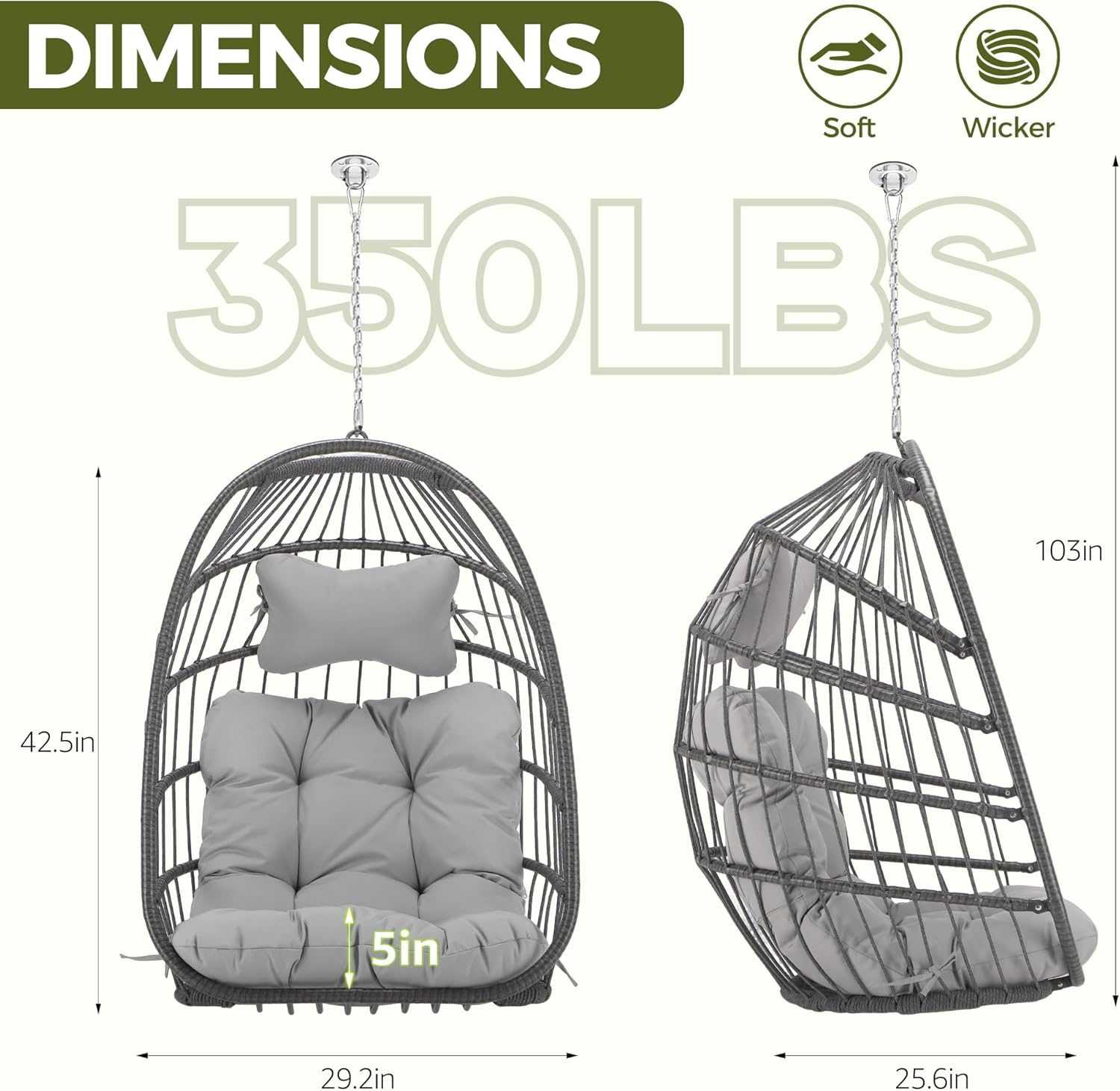 RADIATA Hanging Egg Chair Outdoor Without Stand, Weather-Resistant Wicker Rattan Swing with Cozy Cushion, 350Lbs Indoor Outdoor Eggshell Hammock Seat for Patio Porch Bedroom Balcony, Light Grey
