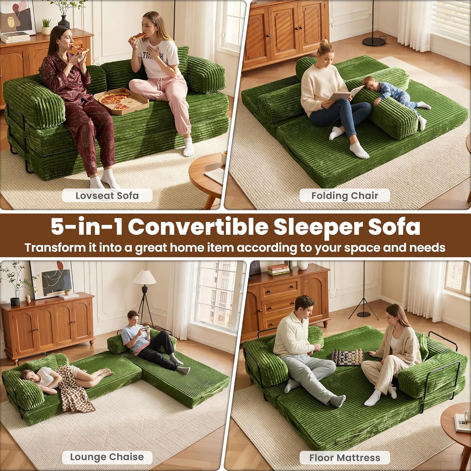 ovios 81" Folding Sofa Bed, Foldable Sleeper Boneless Couch with Pull Out Beds, Modular Convertible Floor Futon Loveseat Lounger for Living Room (Faux Fur, Green)