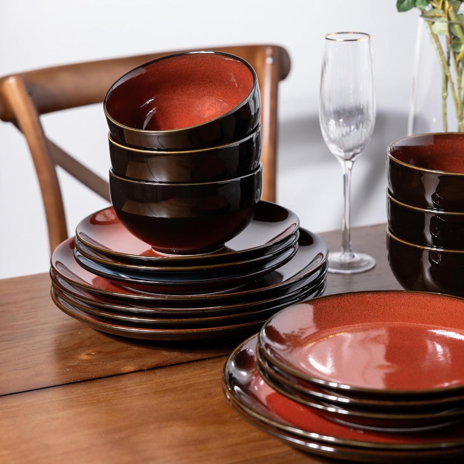 LeRatio Ceramic Dinnerware Sets for 6,Stoneware Plates and Bowls Sets,Handmade Reactive Glaze Dishes Set,Chip Resistant and Scratch Resistant | Oven&Dishwasher & Microwave Safe,Service for 6-Red