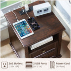Farmhouse Nightstand Set of 2 with Charging Station, Rustic Brown Nightstand, 2 Drawers End Table, Bedside Table with Open Shelf for Bedroom, Walnut