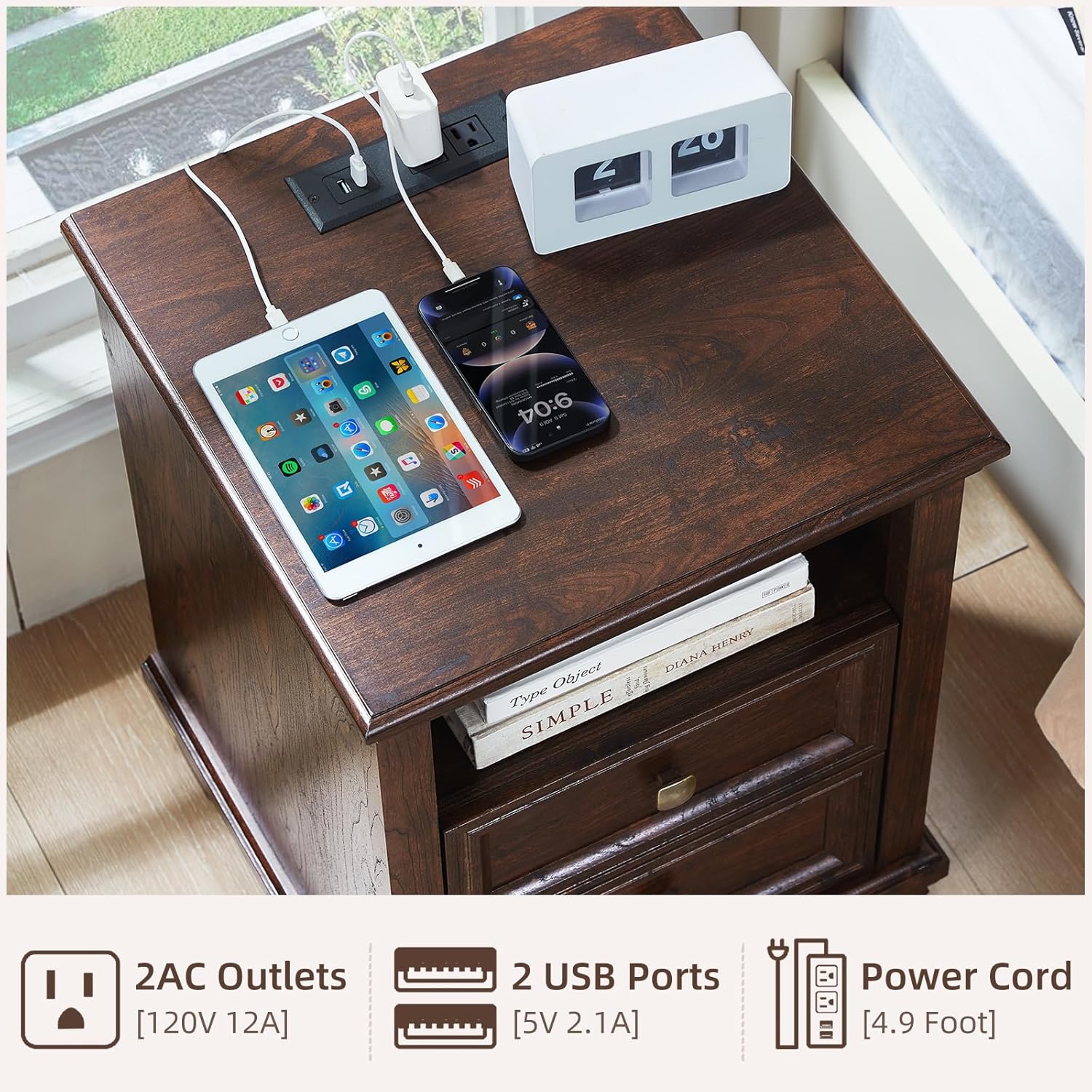 Farmhouse Nightstand Set of 2 with Charging Station, Rustic Brown Nightstand, 2 Drawers End Table, Bedside Table with Open Shelf for Bedroom, Walnut