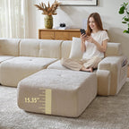 LIDYUK 118" Modern L-Shaped Boneless Couch Modular Sectional Sofa for Living Room, Chenille Upholstery Beige, Oversized 3-Seater Sectional Couch with Deep Seat and Movable Ottoman, No Assembly