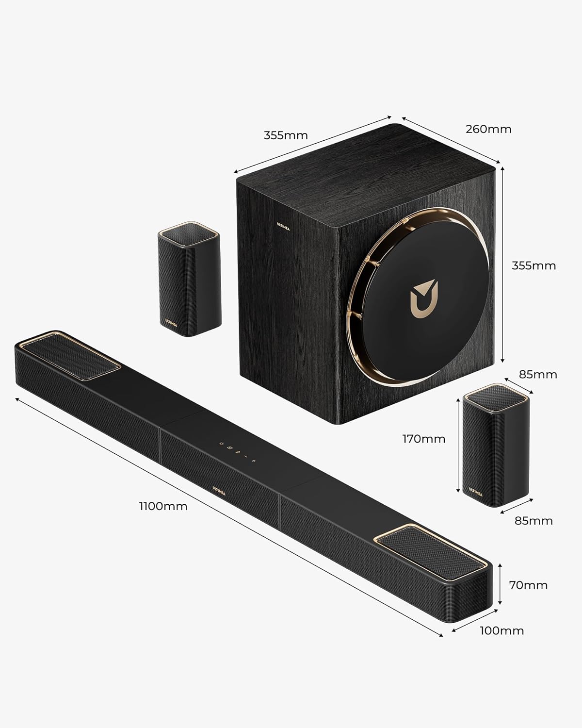 ULTIMEA Skywave X50 5.1.4ch Wireless Surround Sound System for TV  760W Professional Sound Bar w/Dolby Atmos  2 Wireless Surround Speakers & 8" Subwoofer  GaN Amplifier  4K HDR Pass-Through  HDMI eARC