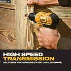 DEWALT 20V Max Cordless Drill Driver Set, 2 Speed, High Performance Motor, Includes 2 XR 1.3Ah Li-Ion Batteries, Charger and Contractor Bag (DCD771C2)