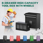 Greenvelly Metal Tool Chest,8-Drawer Rolling Tool Cart with Wheels,2 in 1 Detachable Tool Cabinets,Tool Box,Liners and Locking System for Garage,Warehouse,Workshop, Barbershop(Black)