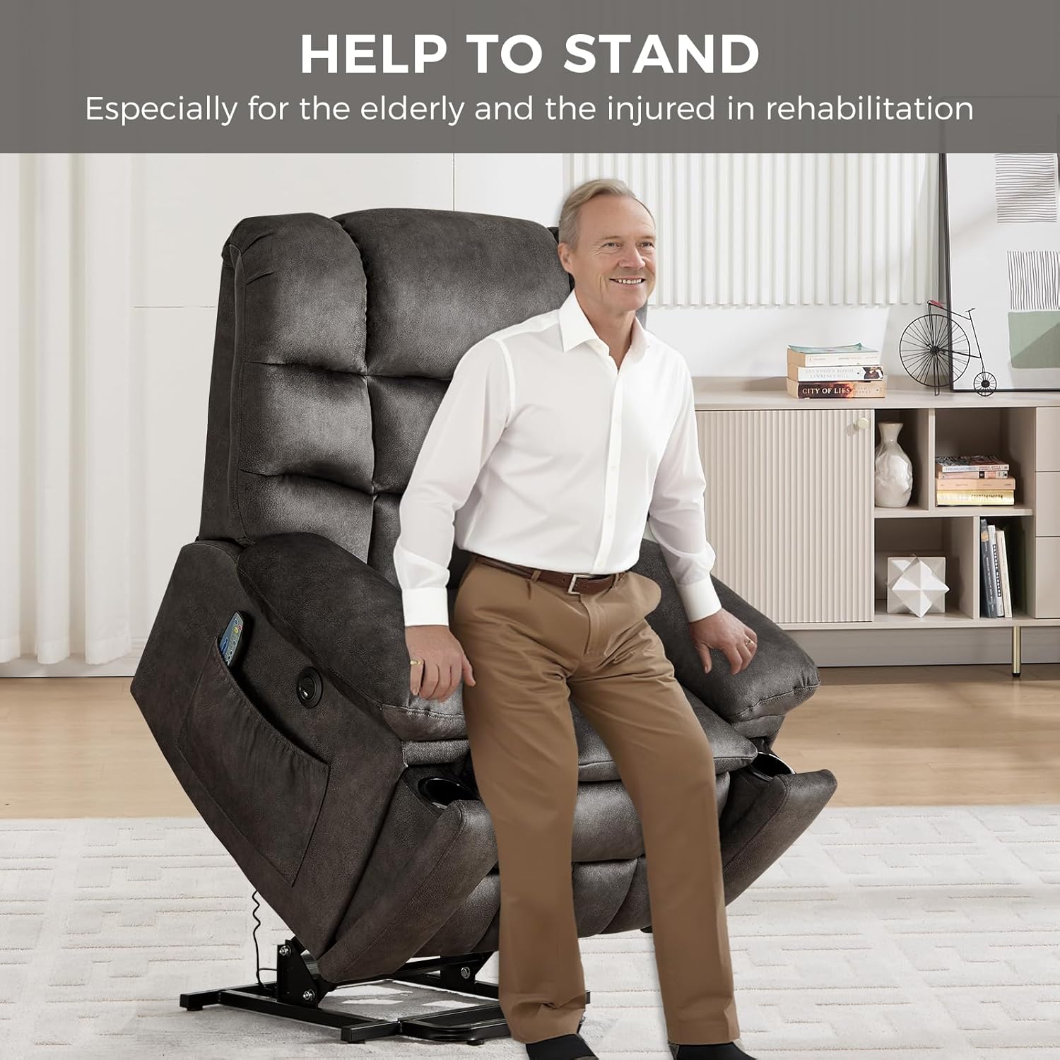 Power Lift Recliner Chair for Elderly with Vibration Massage and Lumbar Heating, Overstuffed Electric Lift Chair with 2 Side Pockets and Cup Holders, USB & Type-C for Living Room, Textile Black