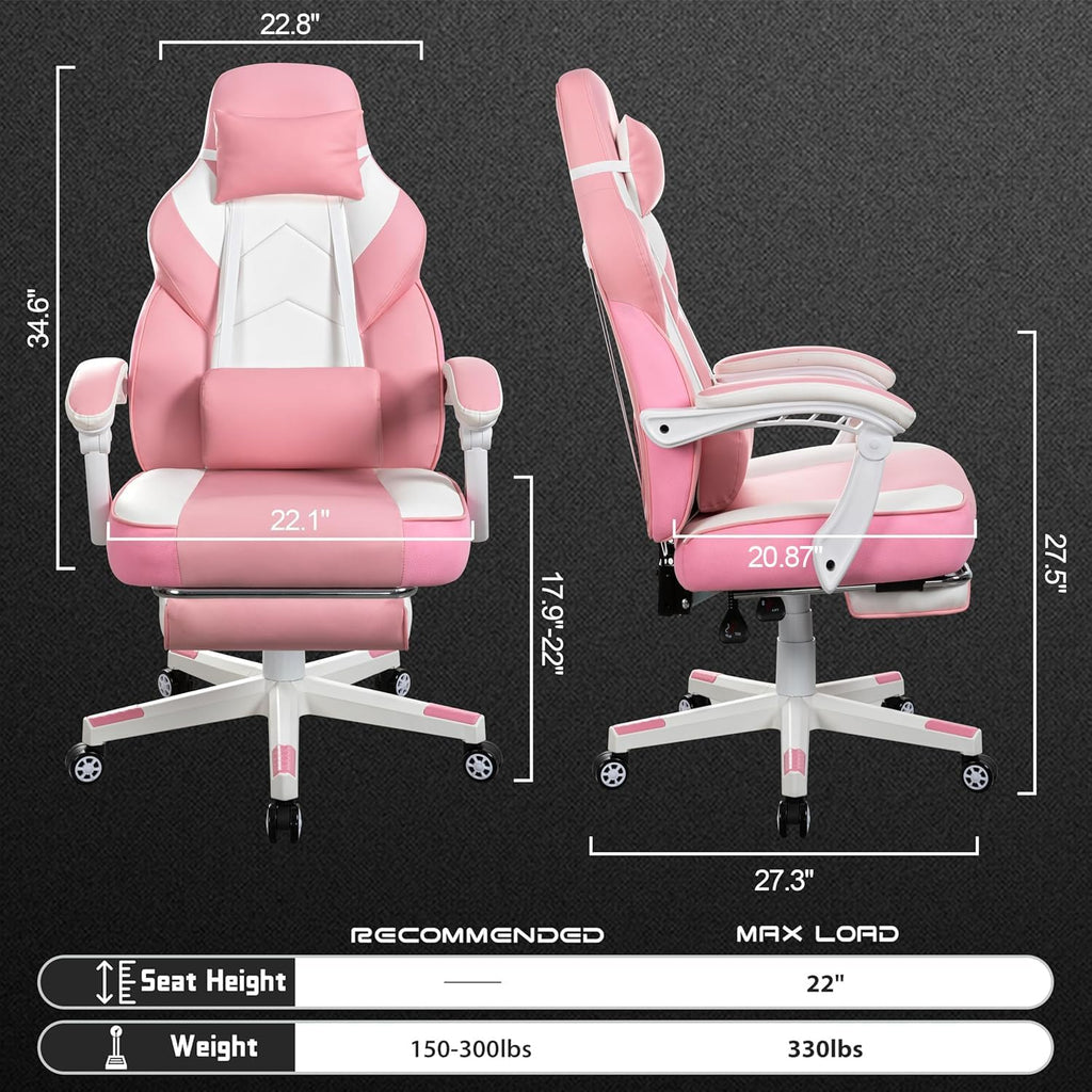Meilocar Big and Tall Gaming Chair for Adults, 330lbs Heavy Duty Computer Chair with Footrest & Massage Lumbar Support, Wide Seat High Back Reclining Desk Chair, Pink