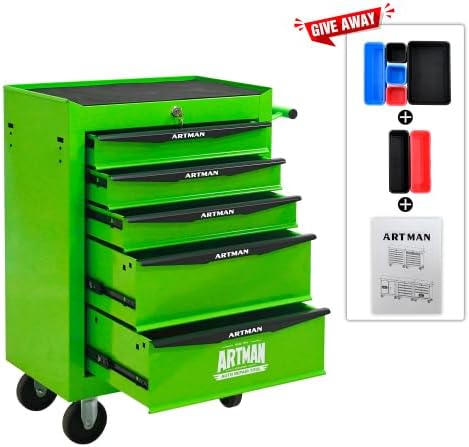 Iron-Top Rolling Tool Chest with Lockable Wheels and Side Handles, 7-Drawer Tool Storage Cabinet with Ball Bearing for Garage, Repair Shop, Required Assembly, Large Storage Capacity (Iron, 5-Green)