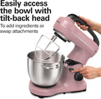 Hamilton Beach Electric Stand Mixer, 4 Quarts, Dough Hook, Flat Beater Attachments, Splash Guard, 7 Speeds with Whisk, Easy-Carry Top Handle, Pink
