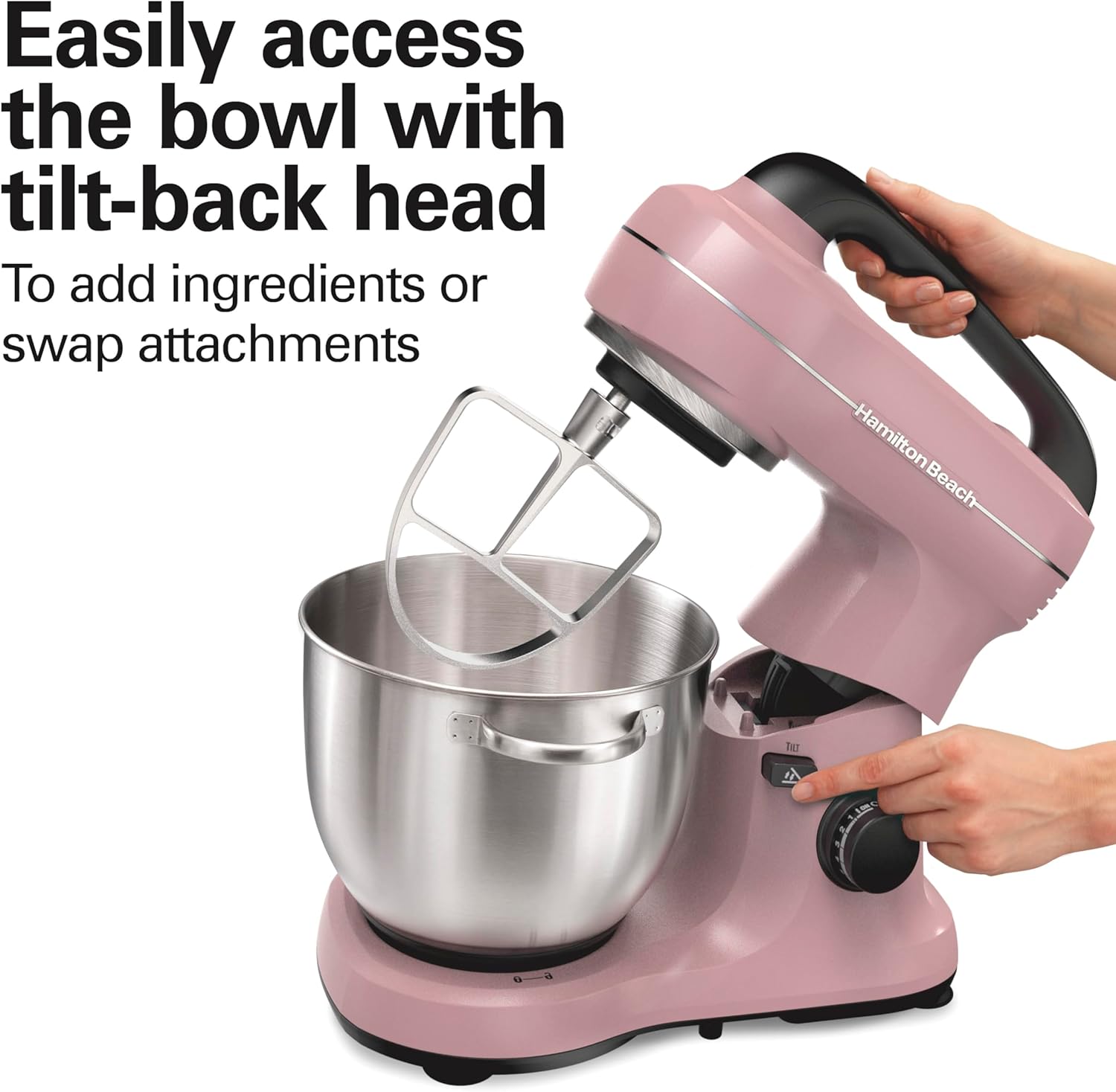 Hamilton Beach Electric Stand Mixer, 4 Quarts, Dough Hook, Flat Beater Attachments, Splash Guard, 7 Speeds with Whisk, Easy-Carry Top Handle, Pink