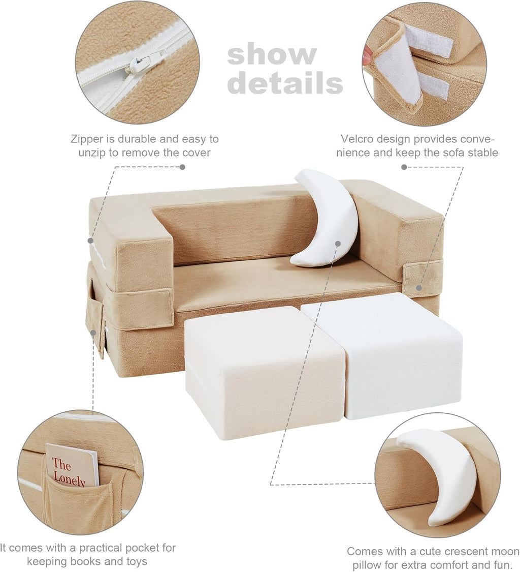 Elftopia Modular Kids Sofa,Toddler Couch Foam Armchair for Kids,Children Convertible Plush Sofa Play Set,Fold Out SofaBed(Classic Color)