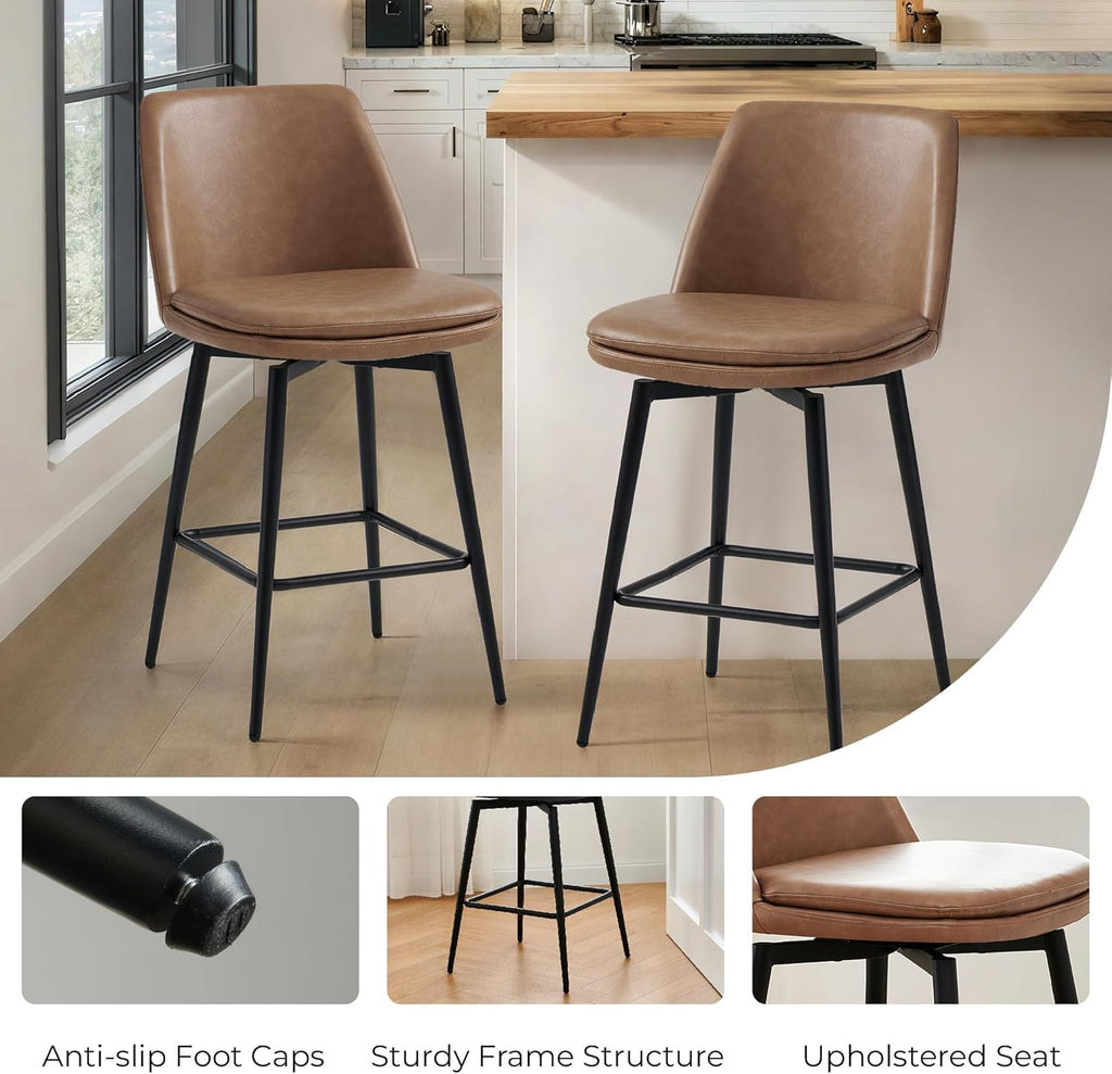 CHITA Swivel Bar Stools, 27.2" Counter Height Bar Stools Set of 3, FSC Certified Upholstered Modern Counter Stools, Metal Legs, Faux Leather, Saddle Brown