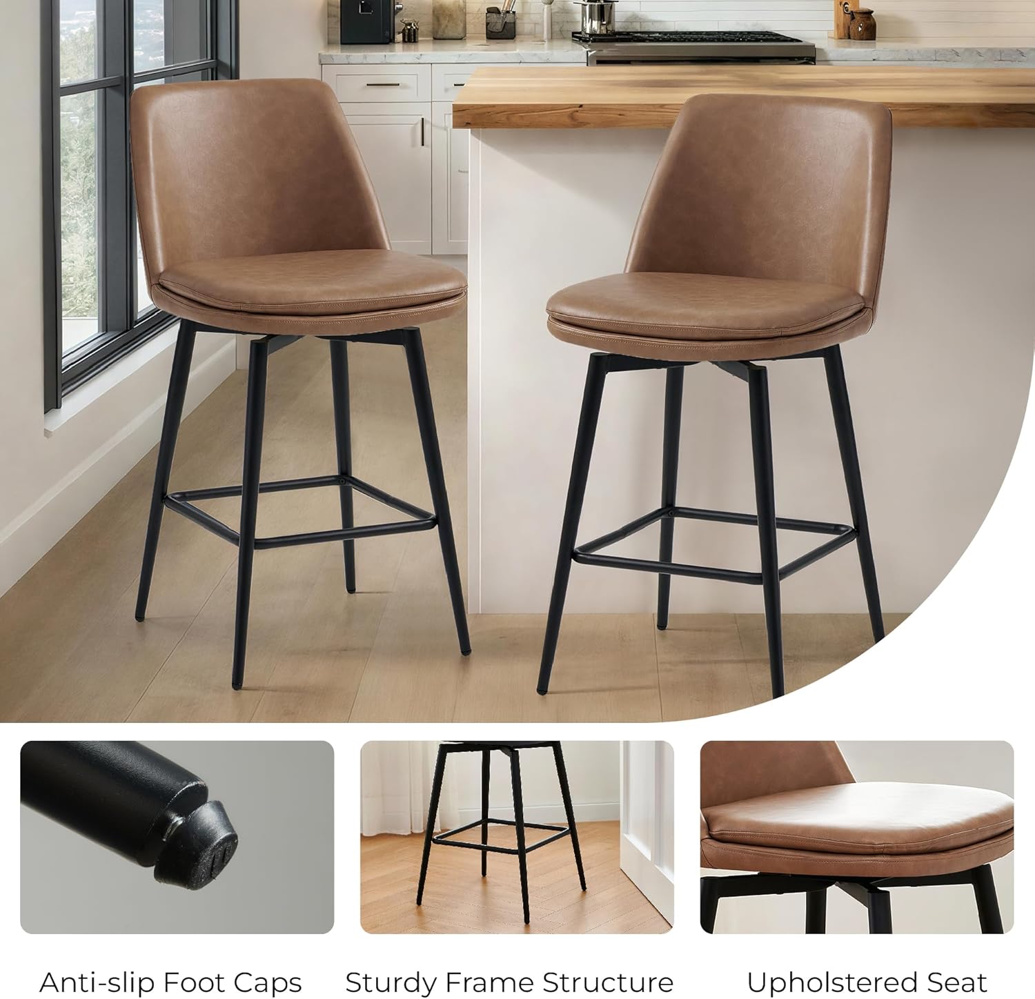 CHITA Swivel Bar Stools, 27.2" Counter Height Bar Stools Set of 3, FSC Certified Upholstered Modern Counter Stools, Metal Legs, Faux Leather, Saddle Brown
