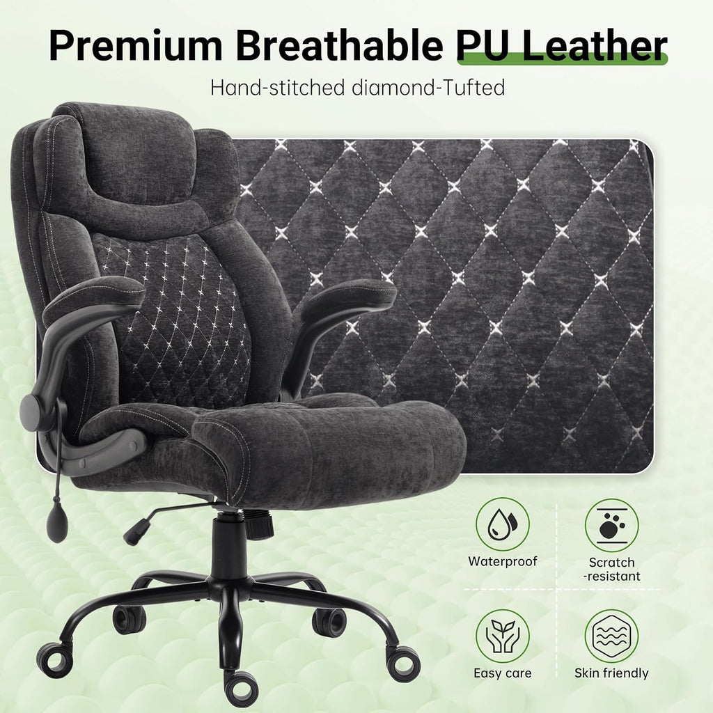Office Chair, Big and Tall Executive Chairs with Lumbar Support for Back Pain, Breathable Fabric Desk Computer Chair with Adjustable Flip-up Armrests,Wide Cushion Swivel Home Office Chair Black,Black