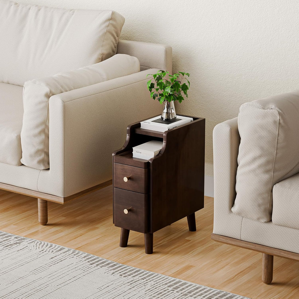 Narrow Nightstand with Drawers Set 2, Pre-Assembled Solid Wood Small Skinny Night Stand with Open Sliding Shelf Slim Bedside Table for Bedroom, Slim Side Table 2, Black Walnut, 8"