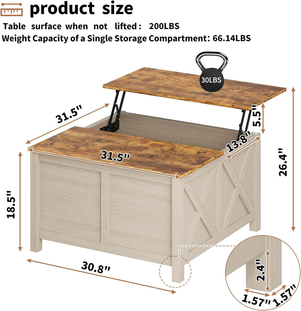 Lift Top Coffee Table with Storage, 31.5" Farmhouse Coffee Tables with Wooden Lift Tabletop and Hidden Compartment Square Center Table for Living Room, Home Office Small Space, White