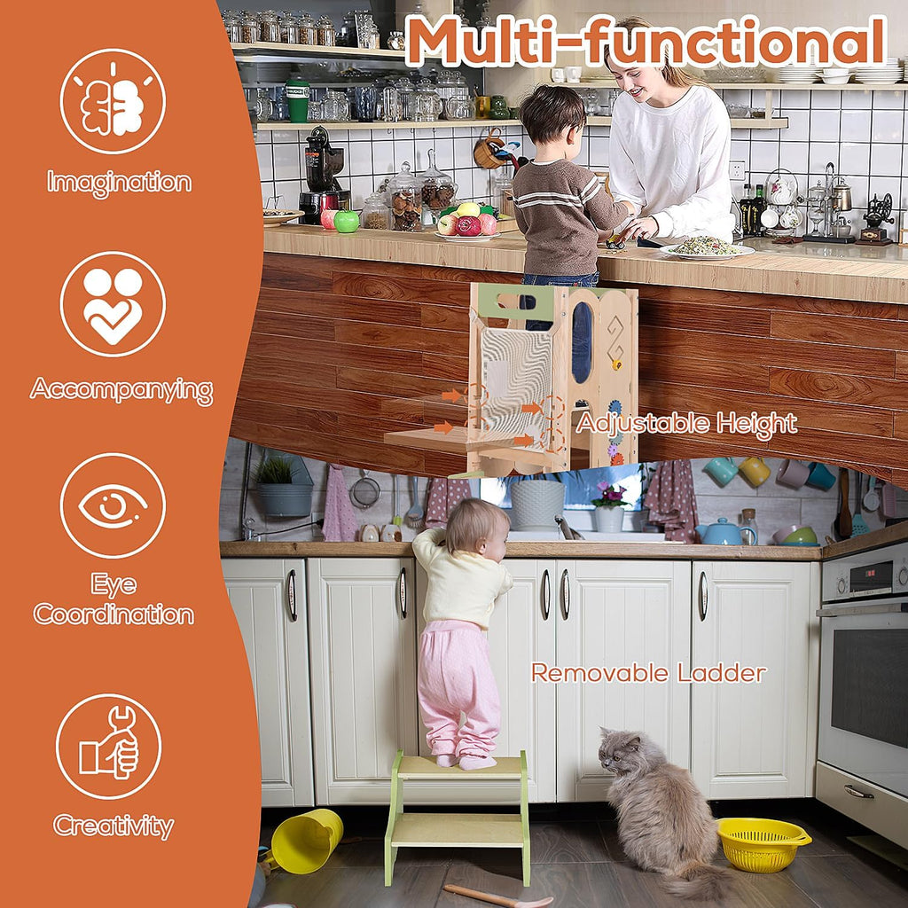 6 in 1 Toddler Tower with Removable Ladder, Foldable Wooden Kitchen Step Stool for Kids, Adjustable Children Helper Tower for Baby, Standing Tower with Safety Equipment and Black Board