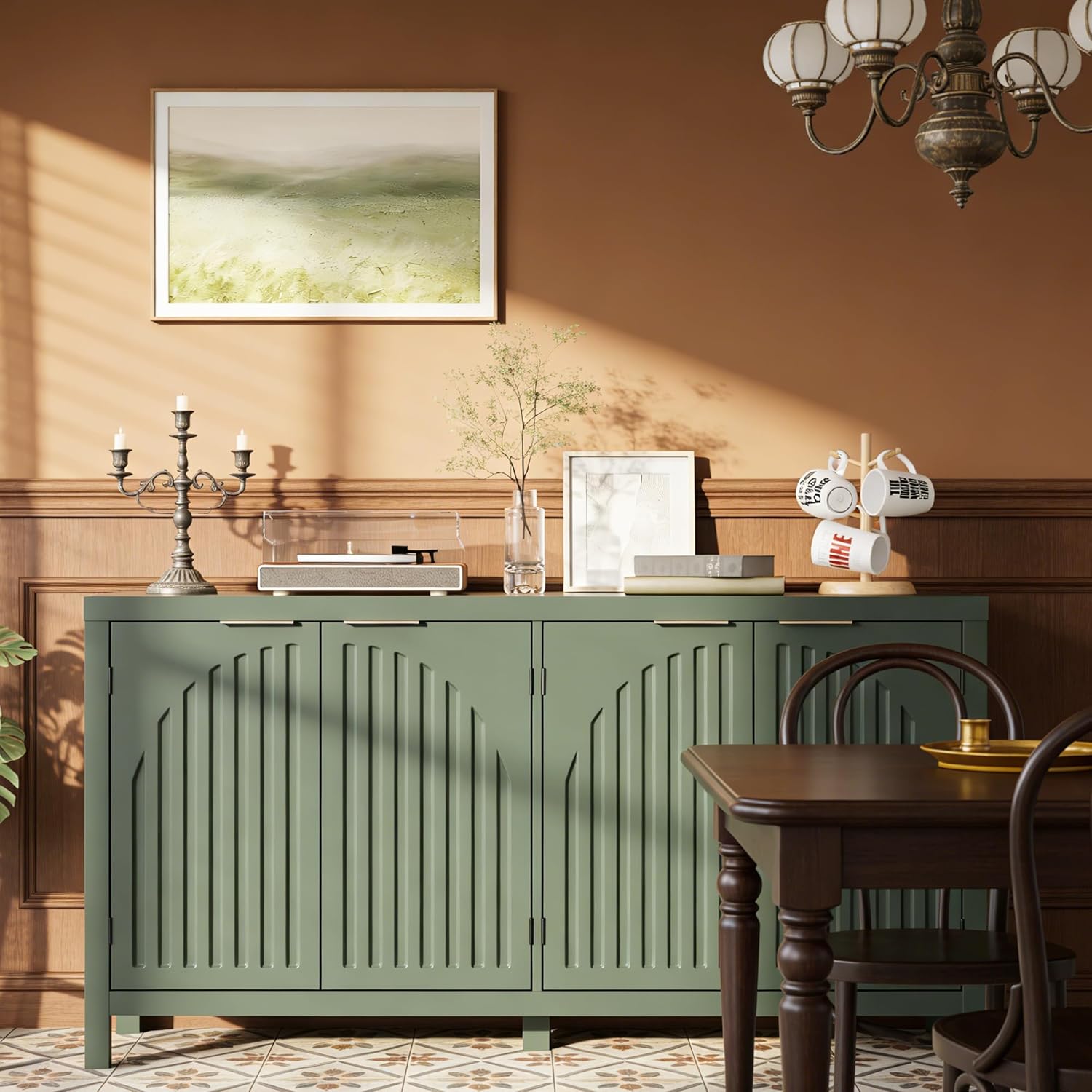 58" W Sideboard Buffet Cabinet with Storage, Mid Century Modern Credenza with Arch Doors & Shelves Coffee Bar Media Console Cabinets for Kitchen, Living Room, Entryway (Green)